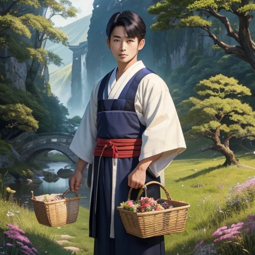  High resolution, Super detailed, masterpiece, highest quality,oriental、thrift、boy working in the field、grassland、basket bag、Wearing traditional Japanese costumes、ancient japanese hairstyle、game poster、solo、