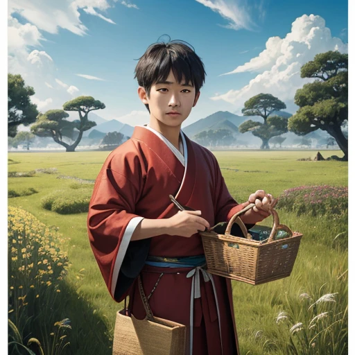 High resolution, Super detailed, masterpiece, highest quality,oriental、thrift、boy working in the field、grassland、basket bag、Wearing traditional Japanese costumes、ancient japanese hairstyle、game poster、solo、