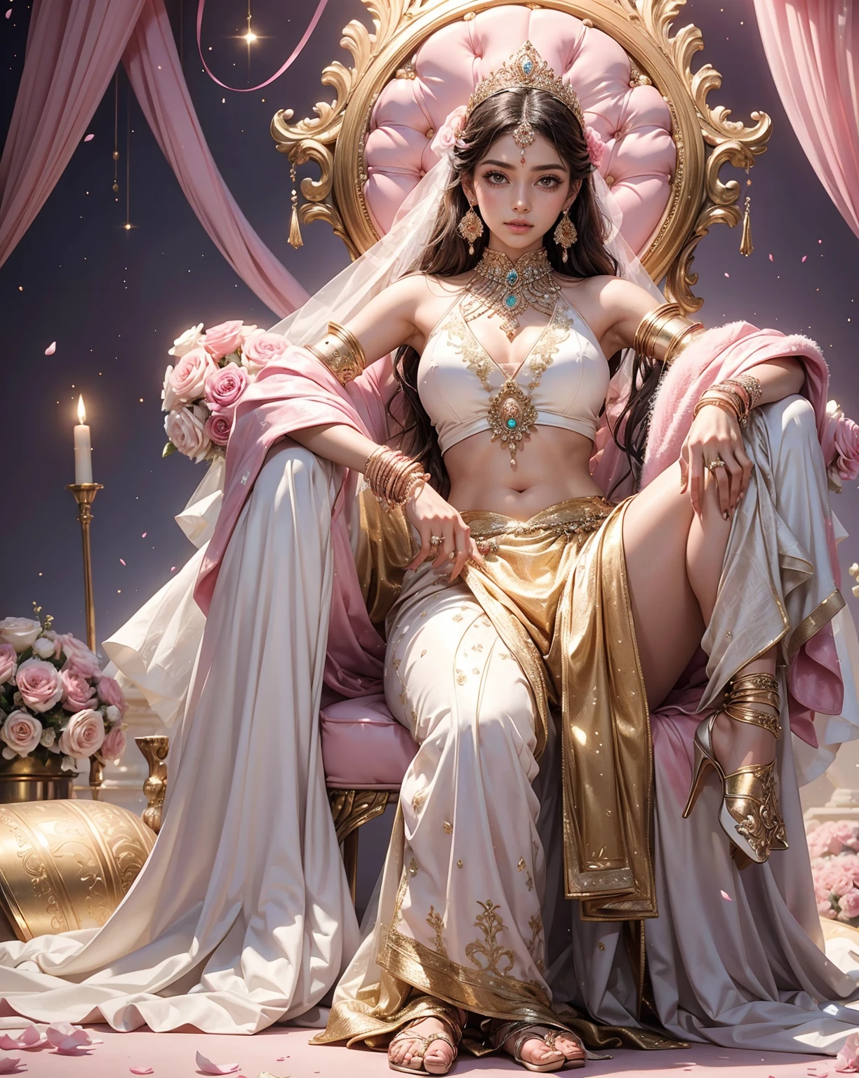 (1girl:1.3), extremely detailed,(colorful:1.1)(flowers:1.3),highest detailed, (dynamic pose), (shiny skin), ,(earrings:1.4), slim girl, masterpiece,studio ghibli style,highly intricate,highly detailed,photorealism style (background: a wedding stage decorated with pink and white flowers, pink and white color scheme, exquisitely designed throne room, pink and white colour scheme, ornate backdrop, silver and pink color schemes, white and pink color scheme, cream and pink color scheme, pink and white color scheme, pink flowers accents, cyan and gold scheme, white and gold color scheme) a woman in a white and gold outfit, of indian princess, ellora, maya ali sorcerer, shakti, maya ali sorceress, beautiful costume, silver ornaments, wearing an ornate outfit, indian goddess of wealth, golden and silver jewerly, female dancer, white royal dress, hindu