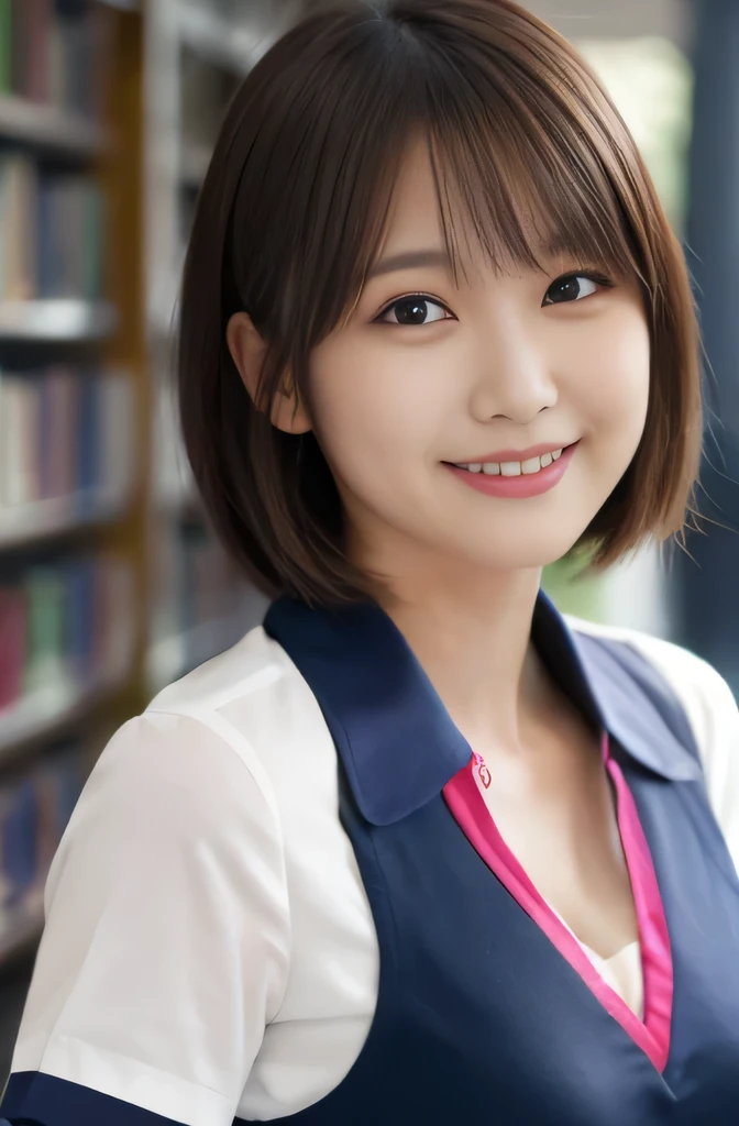 ((masutepiece)), ((Best Quality)), (Ultra-detailed), ((Extremely detailed)), 4K, (8K), Best Quality, (Beautiful), Gradation, (masutepiece, Best Quality:1.2), 8K, 18year old, 85 mm, Official art, Raw photo, absurderes, White dress shirts, Pretty Face, close up, Upper body, violaceaess, gardeniass, Beautiful Girl, (School uniform), (Navy blue pleated skirt:1.1), Cinch West, thighs thighs thighs thighs, Short sleeve, short-hair、atlibrary, Looking at Viewer, No makeup, (Smile), Film grain, chromatic abberation, Sharp Focus, face lights, clear lighting, , Detailed face, Bokeh background, (dark red necktie:1.1)、medium breasts⁩、blouse with unbuttoned chest, cleavage,cute smile,
