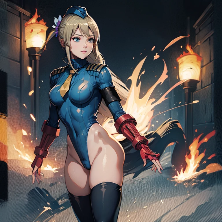 ultra-detailed, Explicit, Beautiful body, Beautiful Nose, Beautiful character design, perfect eyes, perfect face, ultra highres, 4K, beautiful legs, perfect legs, Nice hands, Perfect hand, Masterpiece, Best Quality, Highly detailed, illustration, absurdres, perfect anatomy, street fighter, doll suit, shadaloo doll, dollsuit, expressionless, blank eyes, looking at viewer, red gloves, emotionless, black latex, corrution, mind control, female combatant, full body, hypnotized, unhappy trance, full body suit, ribbed bodysuit, both arms at side, obey, perfect female body, extremely glossy latex, hypnosis, hypnoLora, empty eyes, Mind control device, poses, submissive_pose, Slave, hat, necktie, stand up straight, standing, standing at attention, hat, necktie, belt, latex, ribbed bodysuit, thighhighs, garter belt, Fighting Stance, extending the right arm from the shoulder into the air with a straightened hand, military, thigh boots, 1girl, Solo, blonde hair, long hair, hair ornaments, blue eyes, Wang Yuanji, Dynasty Warriors 8