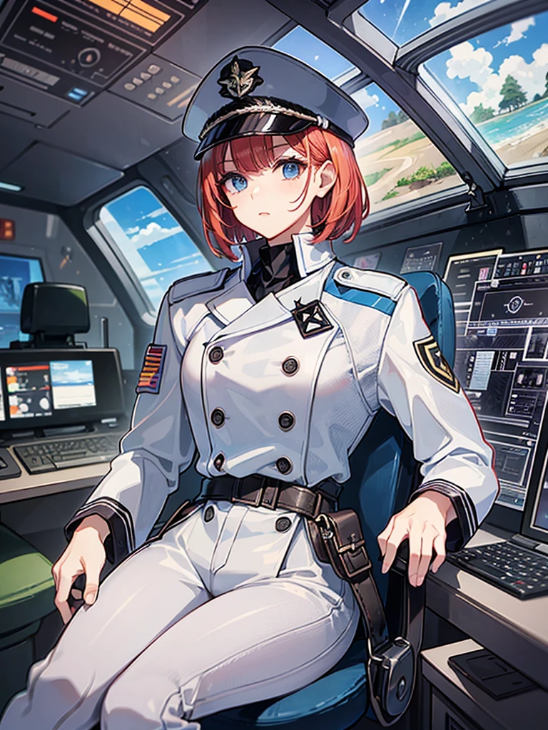 （（（masterpiece、Highest image quality、highest quality、highly detailed unity 8ｋwallpaper）））、（Illustration of one woman）、30 years old、（Viceroy）、（（Red-haired shorthair、sidelocks：1.2））、blue eyes、（（tall、stocky build、thickset physique：1.3、muscular legs、broad shoulders、solid chest））、（（Military uniforms））、（（Military Cap））、（（military coat））、（white clothes）、（white pants）、（white hat）、trench coat、、（（（manspreading、Sitting in the captain's seat）））、（（（Inside a futuristic spaceship、Surrounded by instruments and monitors、The Universe on the Monitor、Earth seen from space）））