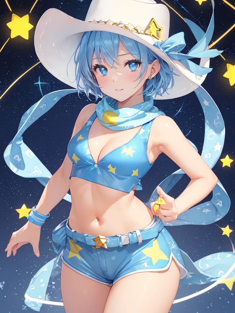 masterpiece, best quality, ultra detailed,realistic,re zero, blue hair, short hair,large breasts, (light-blue theme:1.4),(sexy
cowgirl costume:1.2),(sleeveless
(light-blue crop top) with (many smal
star-symbol print):1.4),(plunking
neckline:1.4)、((bare shoulders, bare
arms):1.3),(collarbone, emphasize
cleavage):1.3),(light-blue leather micro
shorts with (many small star-symbol
pattern):1.4),(light-blue Scarf:1.4)
BREAK (white theme:1.3),(white ten
gallon hat:1.4),(white (cowboy boots.
western boots):1.2),(white belt:1.4).
(wristband:1.2)、
BREAK (yellow theme:1.3),(yellow
star-symbol print:1.4),(yellow star
pattern:1.3)