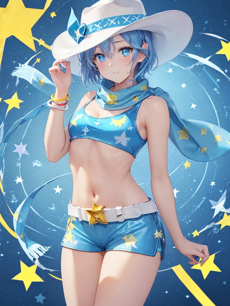 masterpiece, best quality, ultra detailed,realistic,re zero, blue hair, short hair,large , (light-blue theme:1.4),(sexy
corl costume:1.2),(sleeveless
(light-blue crop top) with (many smal
star-symbol print):1.4),(plunking
neckline:1.4)、((bare shoulders, bare
arms):1.3),(collarbone, emphasize
cleavage):ght-blue leather micro
shorts with (many small star-symbol
pattern):1.4),(light-blue Scarf:1.4)
BREAK (white theme:1.3),(white ten
gallon hat:1.4),(w (cowboy boots.
western boots):1.2),(white belt:1.4).
(wristband:1.2)、
BREAK (yellow theme:1.3),(yellow
star-symbol print:1.4),(yellow star
pattern:1.3)