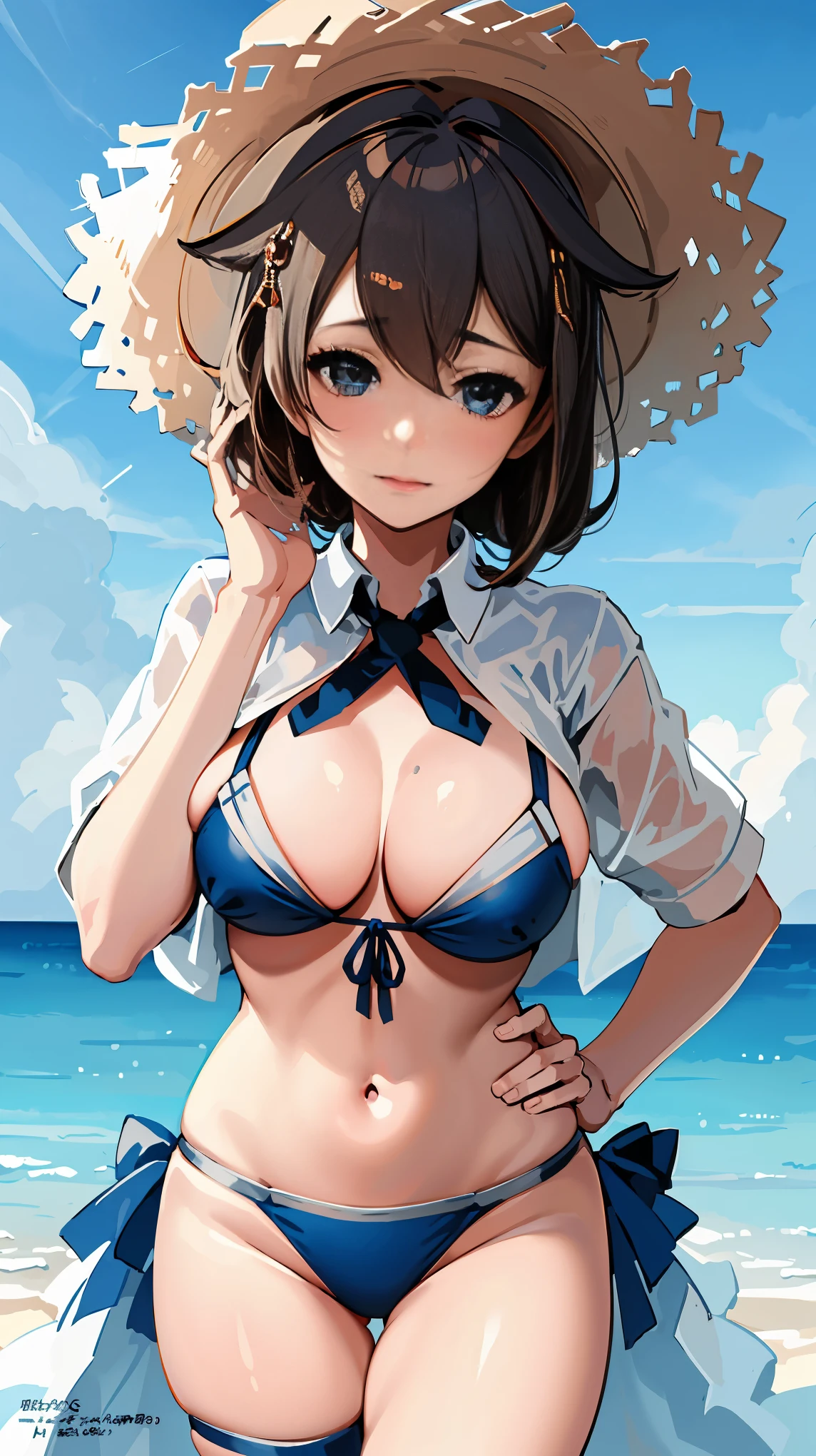 (masterpiece), (best quality), (ultra-detailed), photorealistic, (best illustration), (an extremely delicate and beautiful), 1girl, solo, Shigure Kai 3 KanColle Blue Bikini Ribbon Straw Hat High Quality 8k Wet Transparent Shirt  Very Fine Eyes Very Fine Face、Insanely detailed body、Extremely fine skin, very elaborate hair ornament, Precisely shaped body and hands