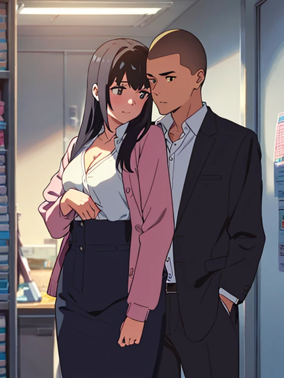 shinkai makoto, kimi no na wa., 1boy, buzzcut,office suit, boy caressing girl's body, sexual harassment, passionate hug, 1girl, bangs, black hair, brown eyes, Twisted Half Up, red ribbon, long hair, long sleeve light pink cardigan, open shirt, yellow shirt, cleavage, breast, medium breast, storage room, indoors, masterpiece, perfect anatomy, cowboyshot