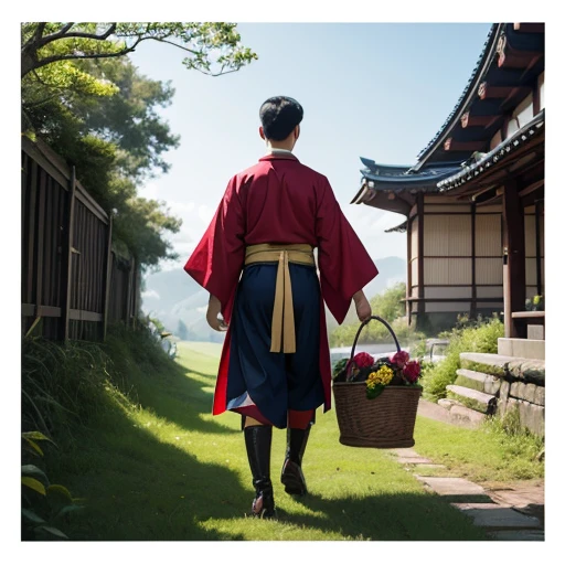  High resolution, Super detailed, masterpiece, highest quality,oriental、、boy working in the field、grassland、basket bag、Wearing traditional Japanese costumes、ancient japanese hairstyle、game poster、solo、