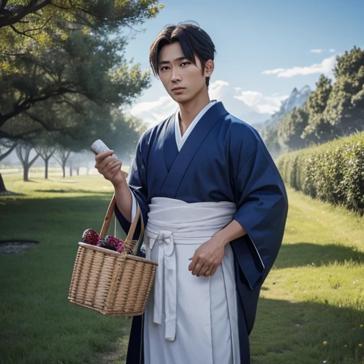 High resolution, Super detailed, masterpiece, highest quality,oriental、、boy working in the field、grassland、basket bag、Wearing traditional Japanese costumes、ancient japanese hairstyle、game poster、solo、