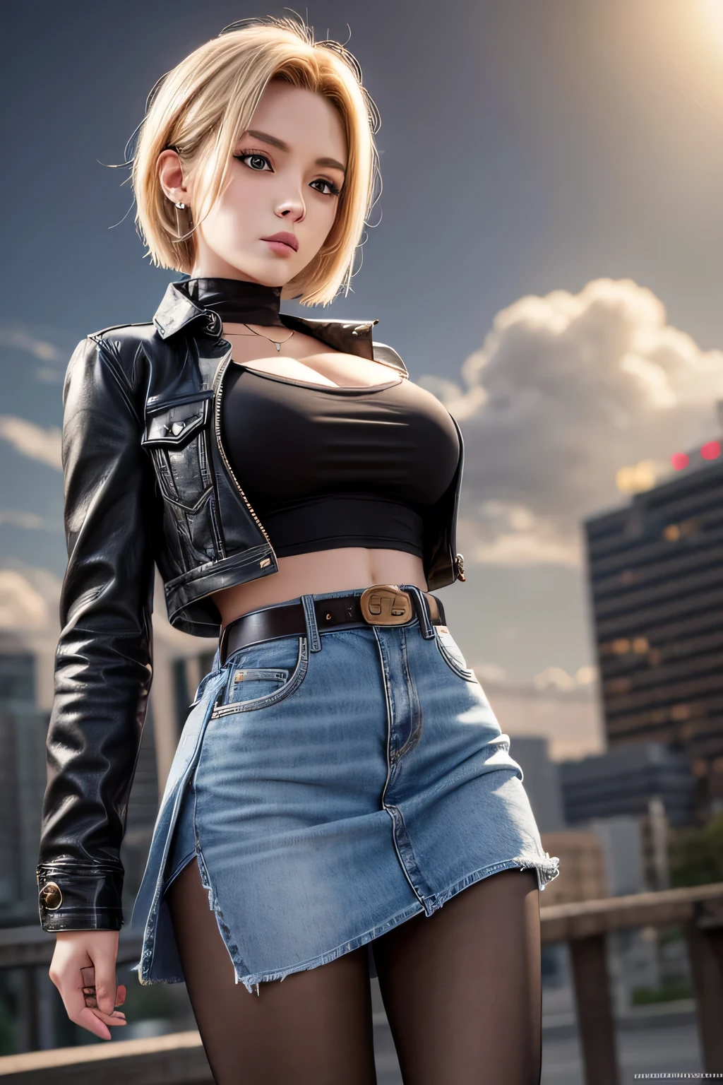 android 18, android 18, blonde hair, blue eyes, eyelash, hoop earrings, short hair, earrings, break belt, black legwear, black shirt, breast pocket, cleavage, clavicle, denim, denim skirt, high-waist skirt, jewelry, long sleeve, pocket, shirt, shirt tucked in, skirt, striped, striped sleeves, waistcoat,, break outdoors, city, null, cloud, sun, break looking at viewer, (cowboy shot:1.5), break (masterpiece:1.2), highest quality, High resolution, unity 8k wallpaper, (figure:0.8), (beautiful and fine eyes:1.6), highly detailed face, perfect lighting, Very detailed CG, (perfect hands, perfect anatomy)