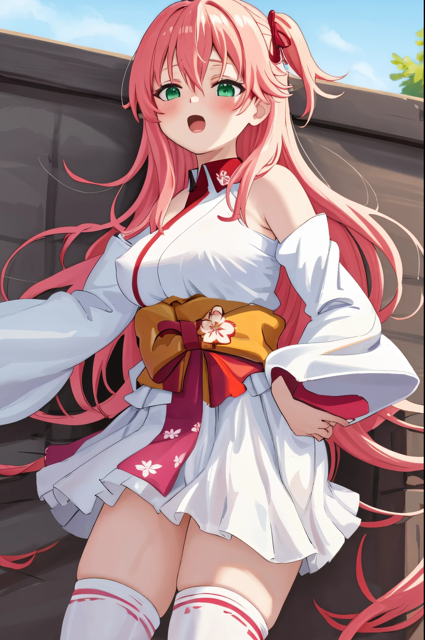 masterpiece, best quality, highres, sakura_miko, 1girl, (loli:1.3),medium_breasts, kimono, solo, ahoge, x_hair_ornament, pink_hair, floral print, hairclip,(side_less_clothes:1.3), (side_breasts:1.3), hair_bell, floral print, long_hair, hair between eyes, one side up, white_thighhighs, wide sleeves, open_mouth,(happy:1.3),green_eyes,smile,apart_legs,(overly_long_sleeves:1.3),),sleeves_past_wrists,hands_hidden_sleeves,sidelock_clothes,solo,hidden_wrists,(XD:1.5),covered_nipples,sunlight,(bare_flank:1.3),boots,open_mouth,kimono,close_eyes,.