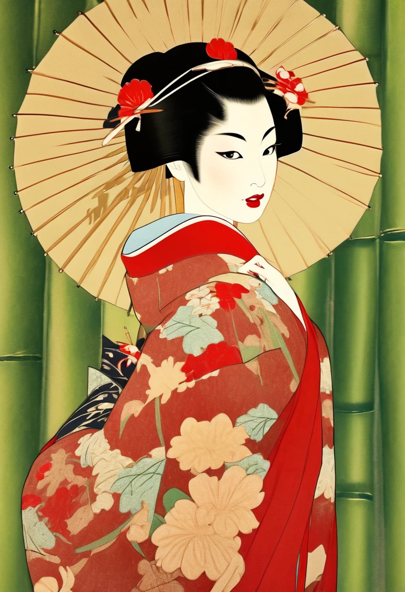 A picture of a woman wearing a kimono with a red umbrella, inspired by Matsuno Chikanobu, inspired by Tosa Mitsunobu, Inspired by Itō Shinsui, by Ayako Rokkaku, elegant japanese woman, geisha photo portrait, photoillustration, Inspired by Otake Bamboo leaves, inspired by Toyohara Kunichika