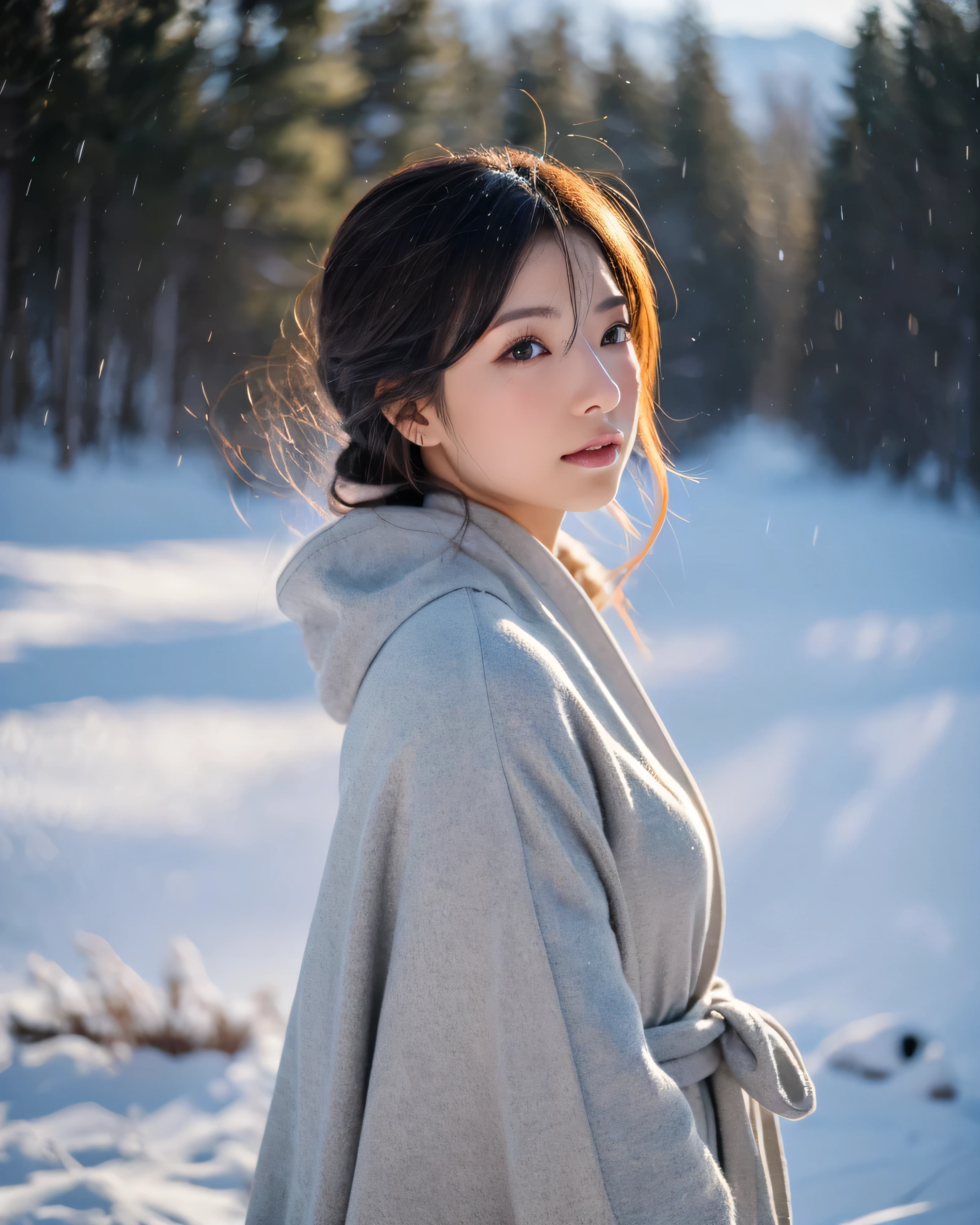 日本の美new女性 Snowy mountain in Blizzard Blizzard Detailed dark hair with intricate colors long straight hair hair blowing in the wind complicated messy hair natural makeup god々new 寂new微笑み white kimono white obi thin 正new姿勢 professional lighting professional photographer