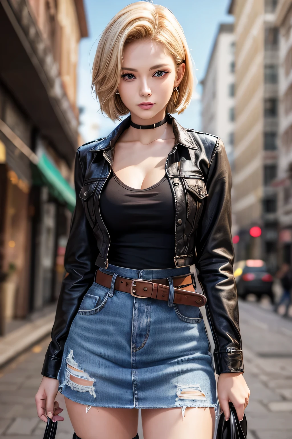 android 18, android 18, blonde hair, blue eyes, eyelash, hoop earrings, short hair, earrings, break belt, black legwear, black shirt, breast pocket, cleavage, clavicle, denim, denim skirt, high-waist skirt, jewelry, long sleeve, pocket, shirt, shirt tucked in, skirt, striped, striped sleeves, waistcoat,, break outdoors, city, null, cloud, sun, break looking at viewer, (cowboy shot:1.5), break (masterpiece:1.2), highest quality, High resolution, unity 8k wallpaper, (figure:0.8), (beautiful and fine eyes:1.6), highly detailed face, perfect lighting, Very detailed CG, (perfect hands, perfect anatomy)