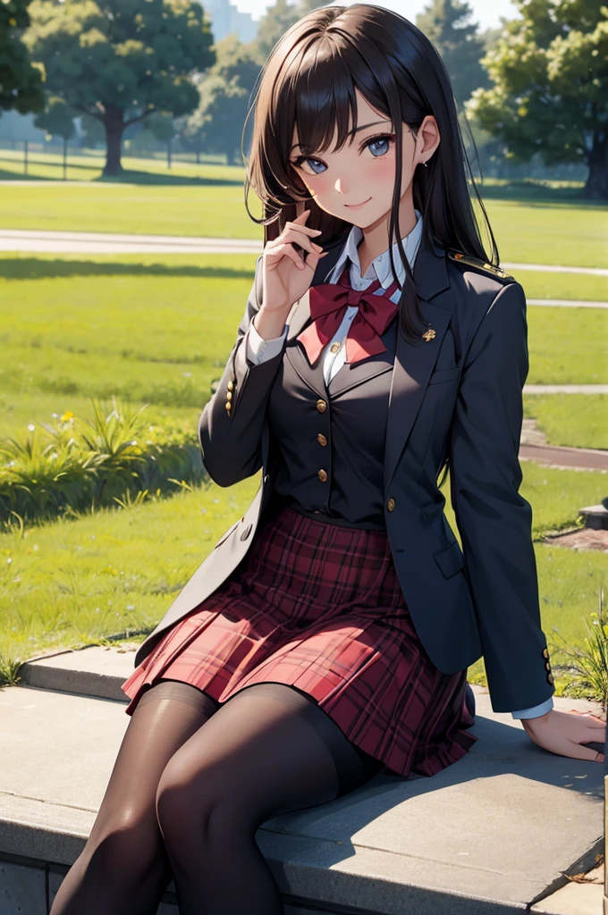 Masterpiece of an 8k wallpaper, best quality depicted,
A  girl's allure subtly awakened,
Sitting on a field of lush, vibrant hues,
Her every curve and line rendered with precision and muse.

Her uniform, crisp and flawless, plaid in design,
Plaid skirt and blouse, an innocence that's divine,
But it's the pantyhose that capture our gaze,
Adding an extra layer, allure and sophistication to her days.

Her expression, playful and inviting, a smile that beckons,
A seductive allure that's impossible