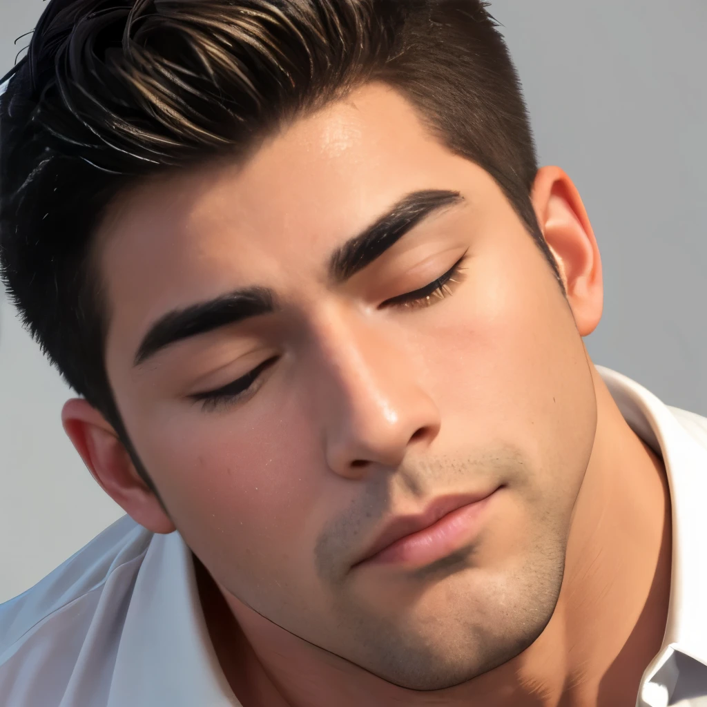 (highest quality:1.5), (masterpiece:1.5), (simple background:1.2), on the bed, (Japanese:1.2), (solo:1.1), handsome, Grey polo shirt, male, (macho:1.3), (huge body:1.2), 35 years old, short hair, (Kissing face:1.3), eyes closed, close-up face, shoot from front