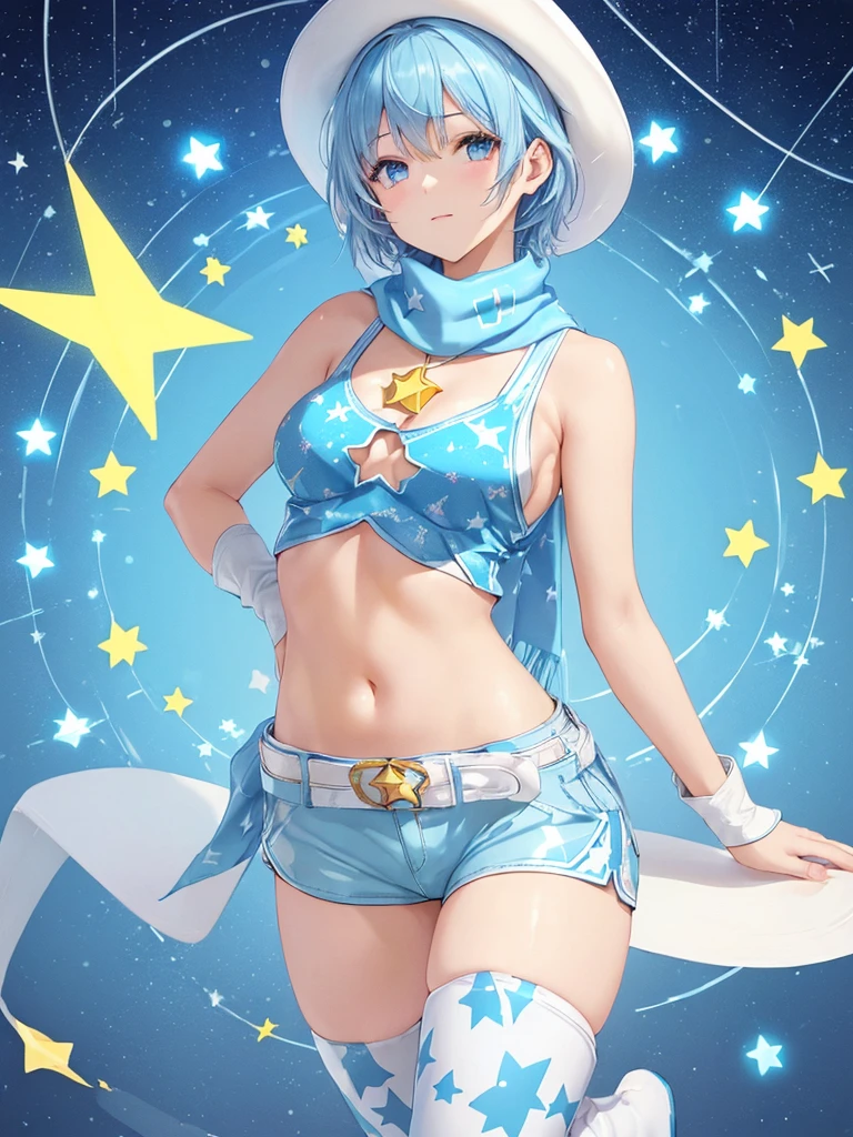 masterpiece, best quality, ultra detailed,realistic,re zero, blue hair, short hair,((large breasts)),cleavage, (light-blue theme),(sexy
cowgirl costume),(sleeveless
(light-blue crop top),(plunking
neckline),((bare shoulders, bare
arms)),(collarbone, emphasize
cleavage)),(light-blue leather micro
shorts with (many small star-symbol
pattern)),(light-blue Scarf)
(white theme),(white ten
gallon hat),(white (cowboy boots.
western boots)),(white belt).
(wristband),
(yellow theme),(yellow
star-symbol print),