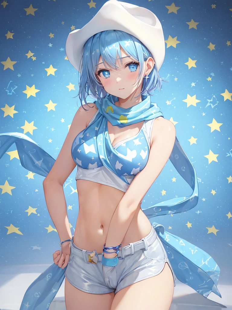 masterpiece, best quality, ultra detailed,realistic,re zero, blue hair, short hair,((large breasts)),cleavage, (light-blue theme),(sexy
cowgirl costume),(sleeveless
(light-blue crop top),(plunking
neckline),((bare shoulders, bare
arms)),(collarbone, emphasize
cleavage)),(light-blue leather micro
shorts with (many small star-symbol
pattern)),(light-blue Scarf)
(white theme),(white ten
gallon hat),(white (cowboy boots.
western boots)),(white belt).
(wristband),
(yellow theme),(yellow
star-symbol print),