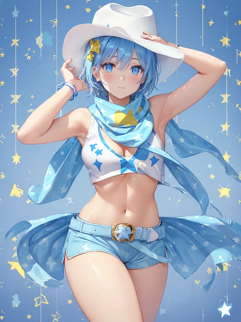 masterpiece, best quality, ultra detailed,realistic,re zero, blue hair, short hair,((large breasts)), (light-blue theme:1.4),(sexy
cowgirl costume:1.2),(sleeveless
(light-blue crop top) with (many smal
star-symbol print):1.4),(plunking
neckline:1.4)、((bare shoulders, bare
arms):1.3),(collarbone, emphasize
cleavage):1.3),(light-blue leather micro
shorts with (many small star-symbol
pattern):1.4),(light-blue Scarf:1.4)
BREAK (white theme:1.3),(white ten
gallon hat:1.4),(white (cowboy boots.
western boots):1.2),(white belt:1.4).
(wristband:1.2)、
BREAK (yellow theme:1.3),(yellow
star-symbol print:1.4),(yellow star
pattern:1.3)