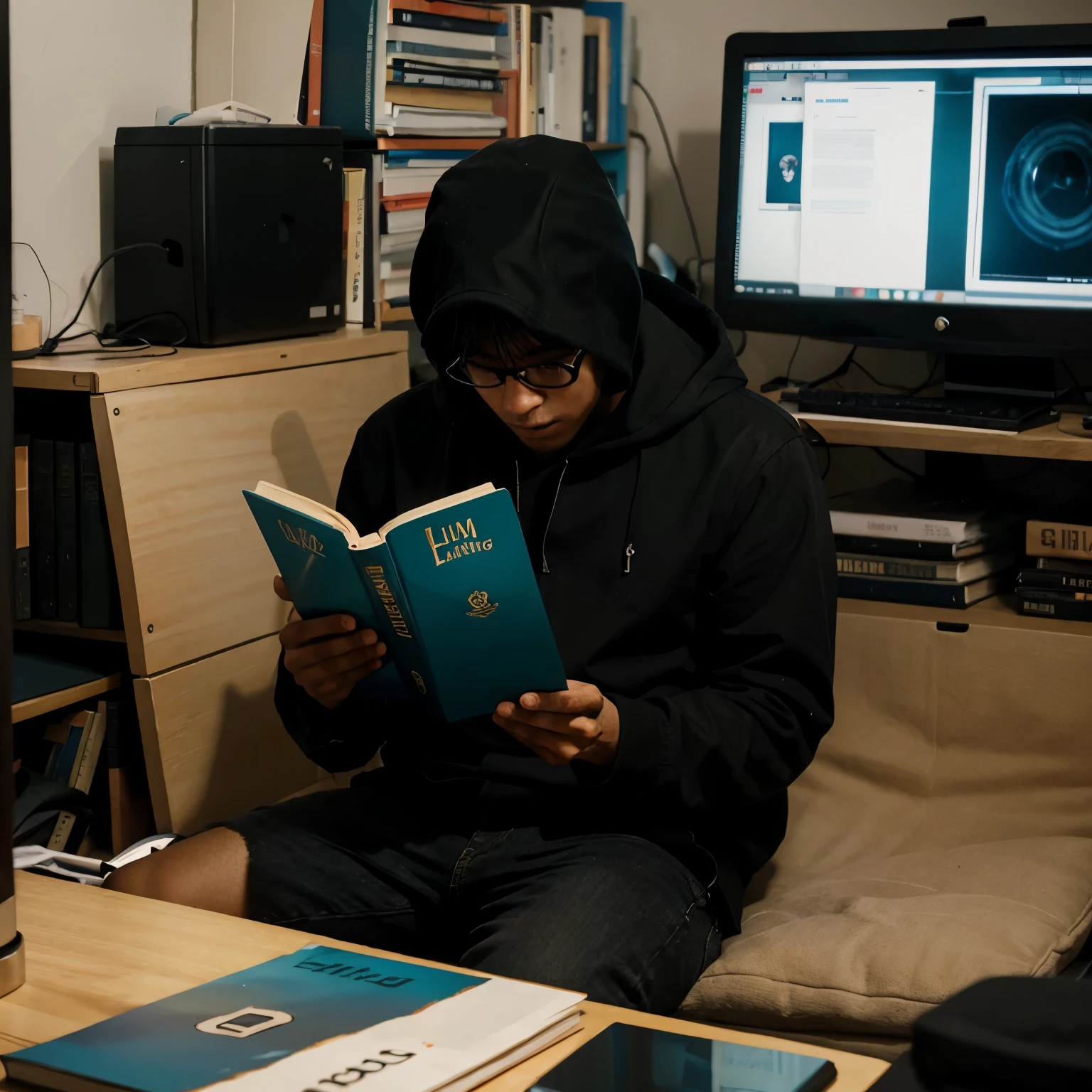 "make a photo of a cool guy reading a book, with the name Gilang, in an aesthetic hacker room"