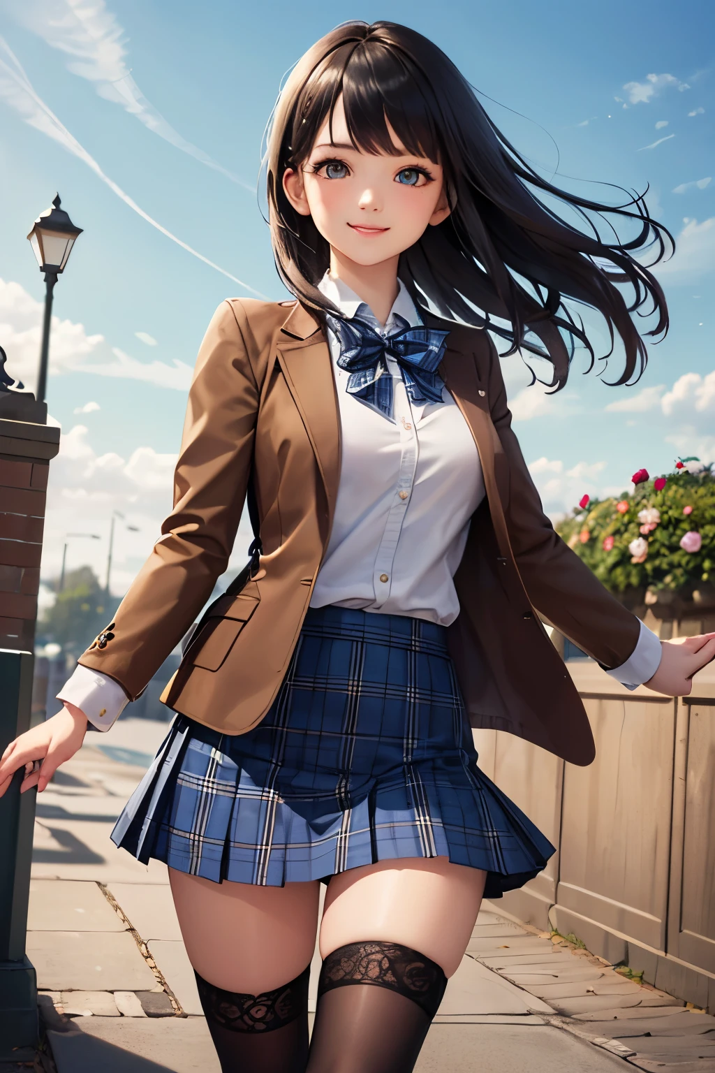 very cute and beautiful girl,(highly detailed beautiful face and eyes:1.2),(smile),cheerful,cowboy shot,
(brown jacket:1.2),collared shirt,plaid bowtie BREAK detailed legs,zettai ryouiki,brown shoulder bag,
stylish pose,dynamic angle,hair pin,black hair,(blue plaid mini skirt:1.2),stone gate,school entrance,colorful rose flowers,
(best quality,masterpiece:1.2),(intricate details:1.2),extremely detailed,highres,solo,
hair fluttering in the wind,beautiful detailed sky,