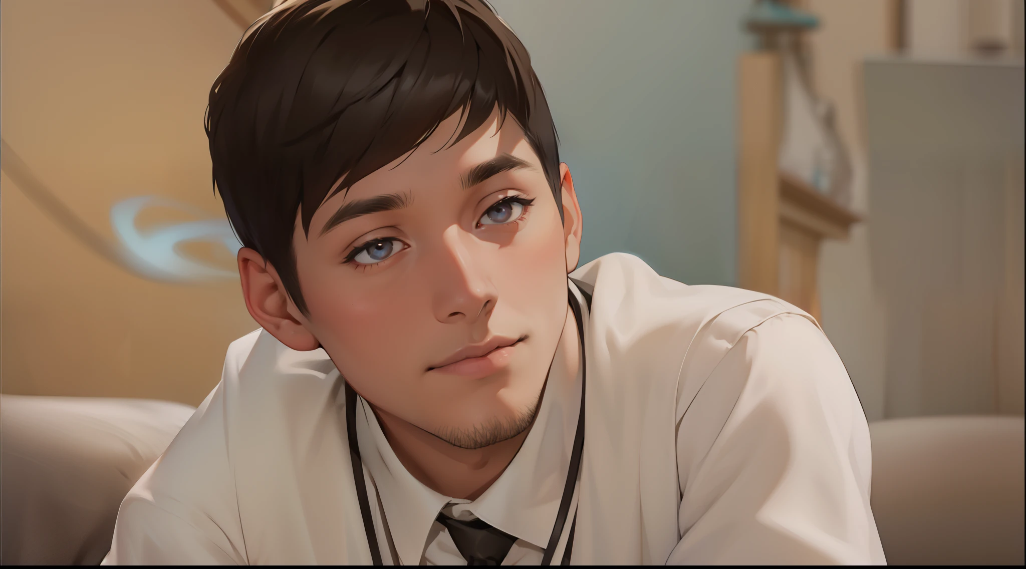 Un joven con cabello negro, Corte en un estilo corto y ordenado, Cara hermosa, penetrantes ojos marrones y una inteligencia astuta, his skin is slightly pale;.