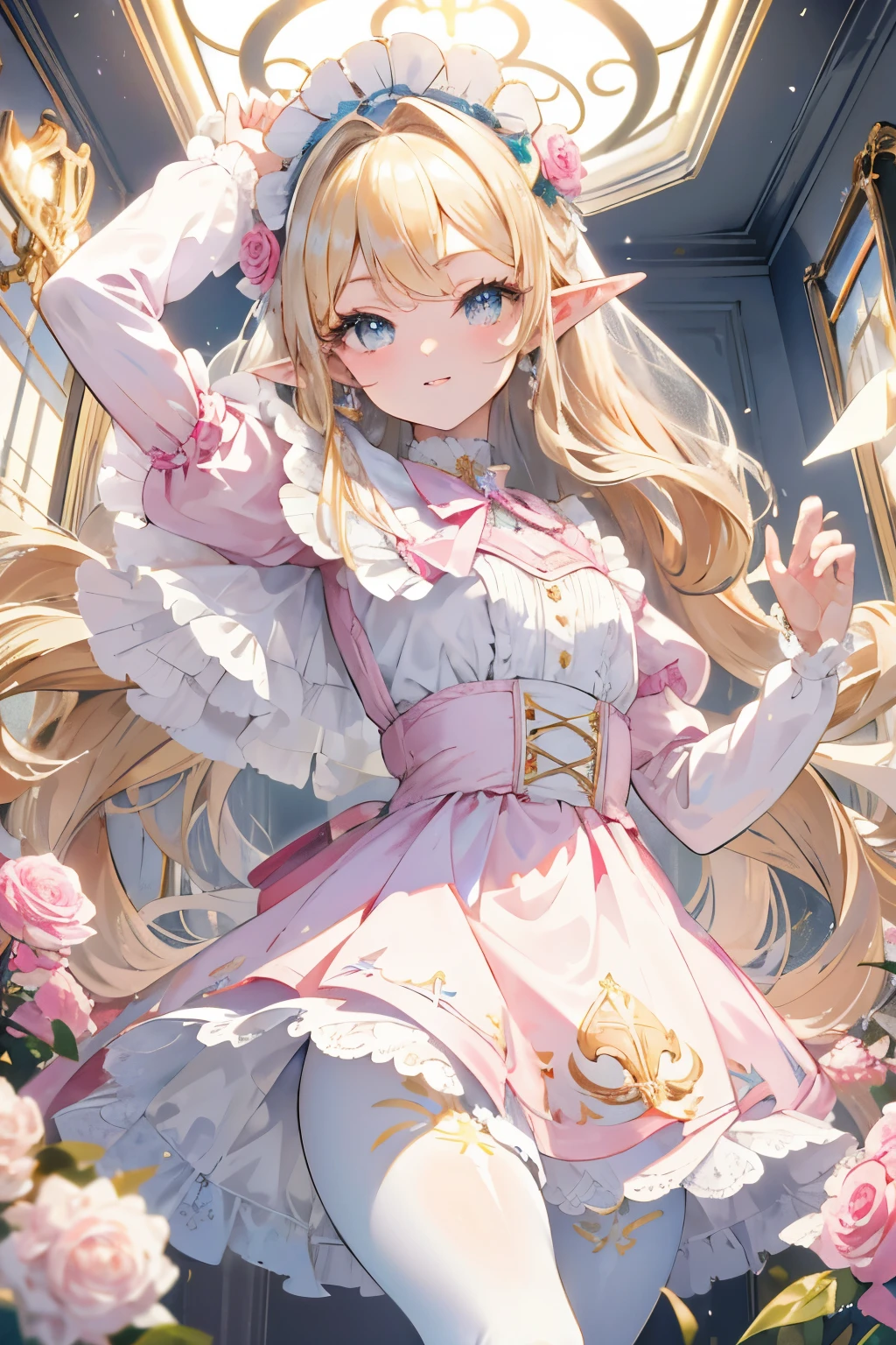 ((masterpiece,High resolution,8K quality,highest quality)),girl,young girl,Chiquita,((highly detailed face)),elf,delicate eyes,(iridescent eyes),(hairstyle:Long Wave,strong wavy hair,stiff wavy hair,blonde),pointy ears,Lens flare,white and pink lolita dress,white ruffles,Half bonnet with pink roses on white fabric,white panniers,pink tights,shy smile,Antique room,art deco style room,