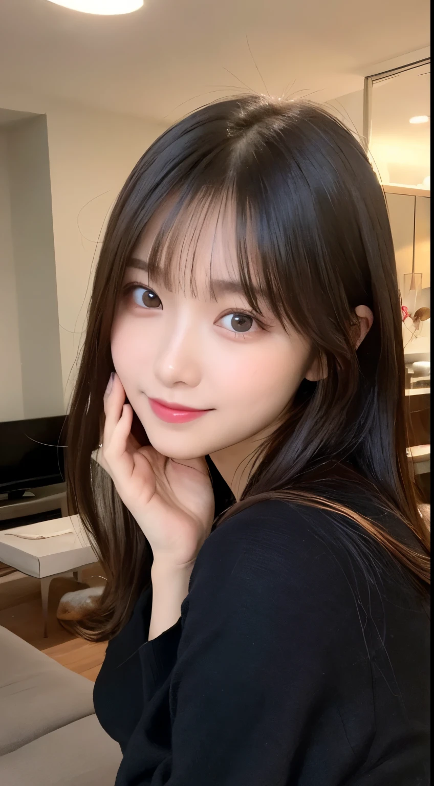 table top, highest quality, shape, Super detailed, finely, High resolution, 8k wallpaper, 完璧なダイナミックな構shape, beautiful and detailed eyes, Gorgeous and stylish black fluffy latest Tokyo winter clothes,ランダムなcute髪,small breasts,natural color lip, bold sexy pose,smile、20 year old girl、cute、sexy shot looking at camera,常にblur the background,perfect and beautiful face,Take only the face,beautiful and detailed face、slim face and style,Big eyes、Do gal makeup,real photos、Living room of a luxury designer apartment、midnight、relaxed pose、blur the background、Look at the camera、Do a feminine, supple pose