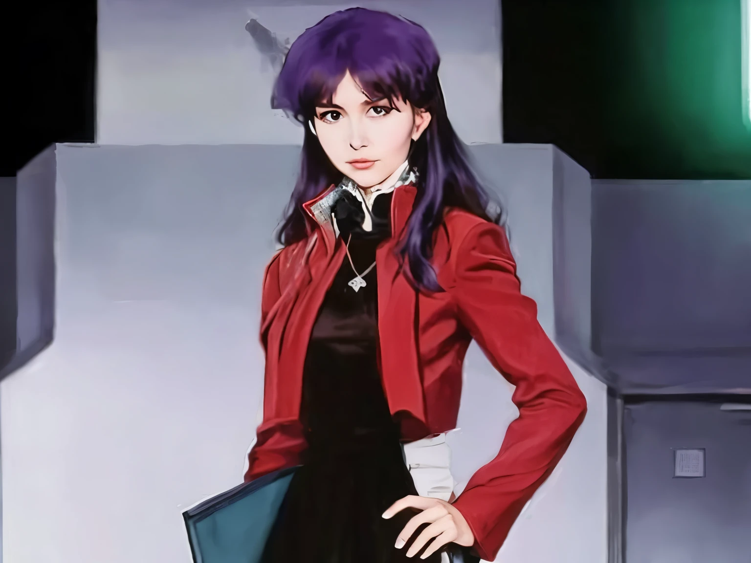 An airy beauty with a slim figure, exceptionally thin waist, large eyes, black pupils, dark purple slightly curled hair, flush bangs, red coat, black underskirt, red jacket, cross pendant, paper in hand