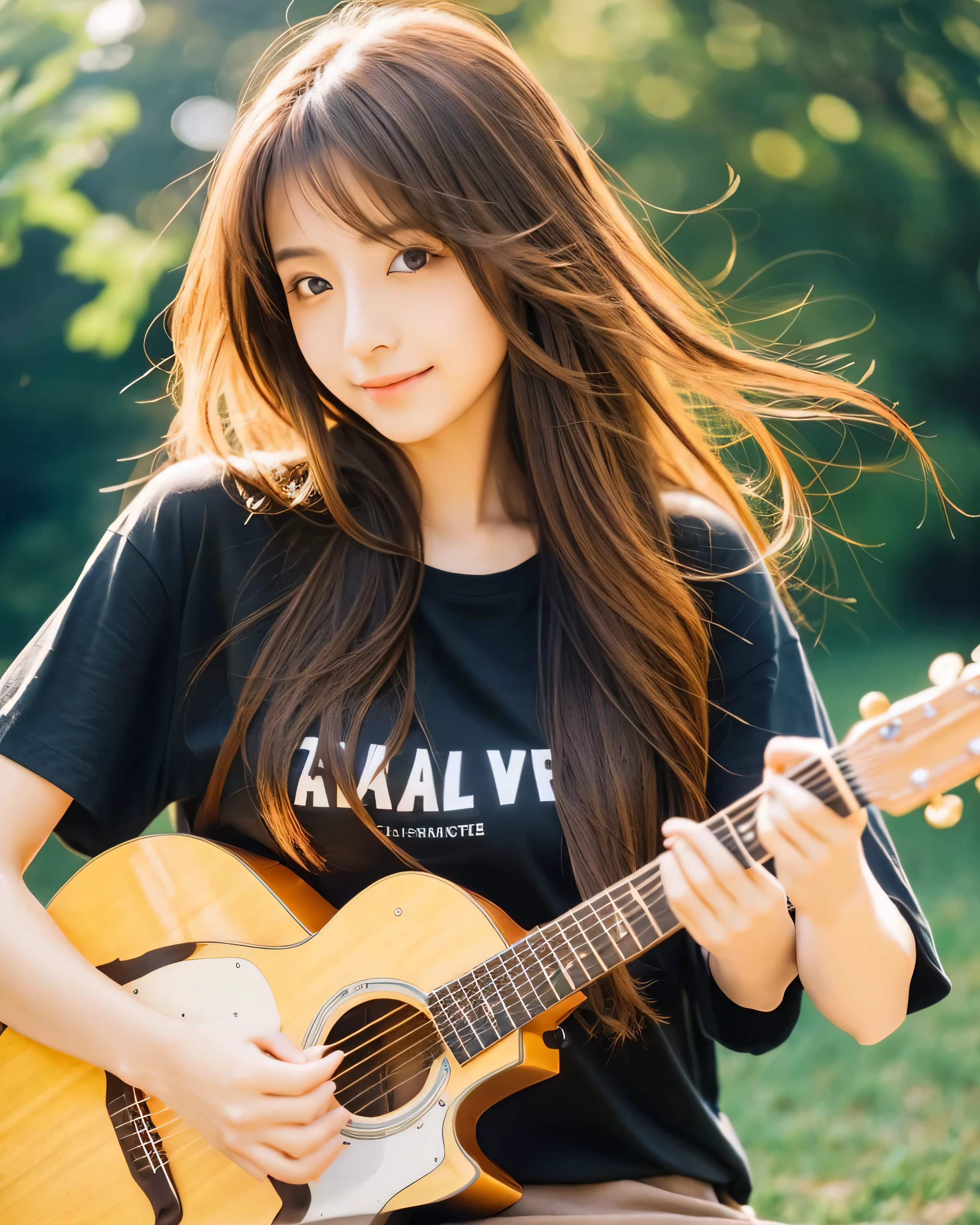 beautiful japanese woman　big magic eyes　delicate and intricate brown hair　long hair　hair blowing in the wind　smooth soft skin　attractive lips　playing the guitar　black t-shirt　skirt　perfect correct hand shape　perfect and correct finger shape　sunlight　elation