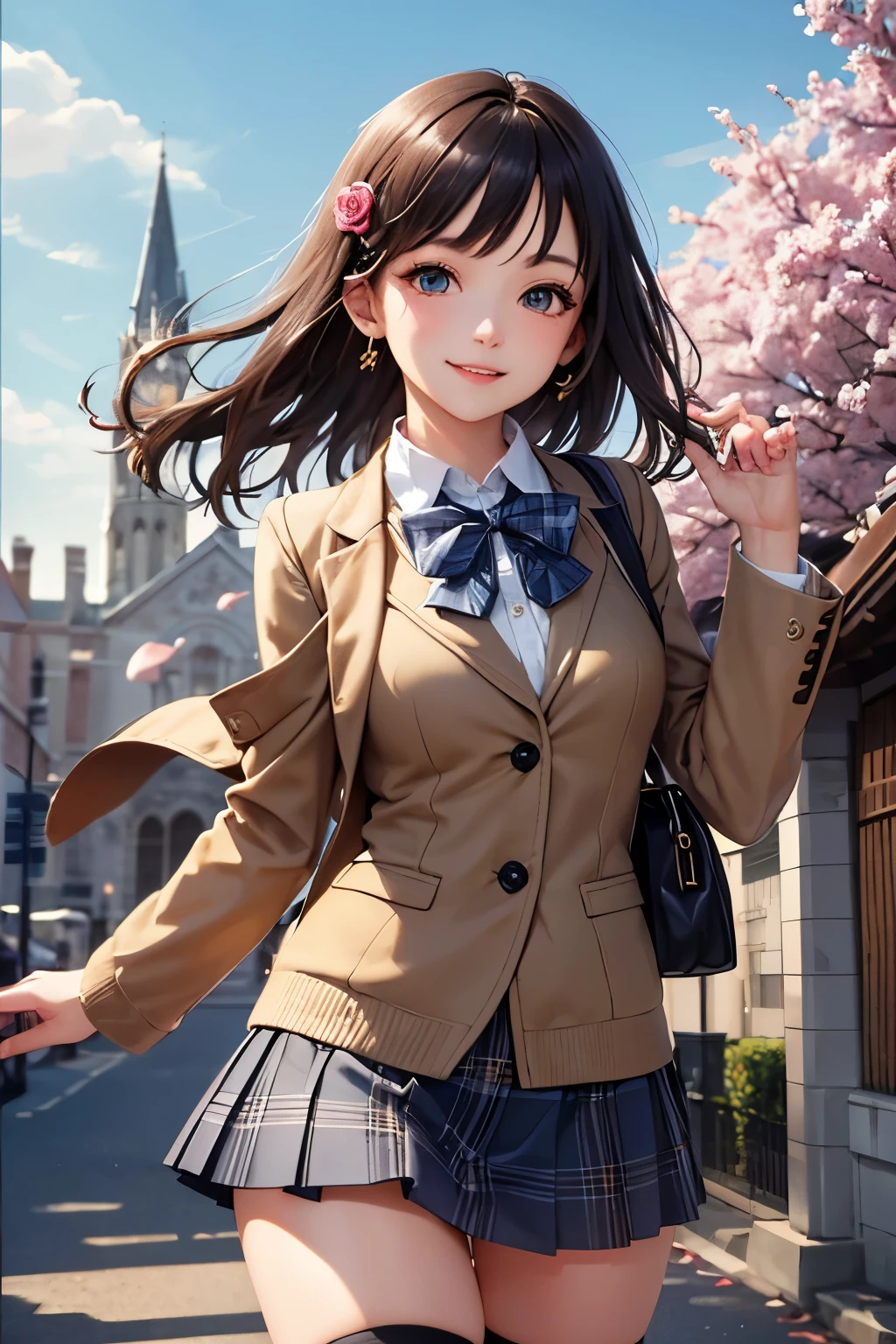 very cute and beautiful girl,(highly detailed beautiful face and eyes:1.2),(smile),cheerful,cowboy shot,
(brown jacket:1.2),collared shirt,plaid bowtie BREAK detailed legs,zettai ryouiki,brown shoulder bag,
stylish pose,dynamic angle,hair pin,black hair,(blue plaid mini skirt:1.2),stone gate,school entrance,colorful rose flowers,
(best quality,masterpiece:1.2),(intricate details:1.2),extremely detailed,highres,solo,
hair fluttering in the wind,beautiful detailed sky,