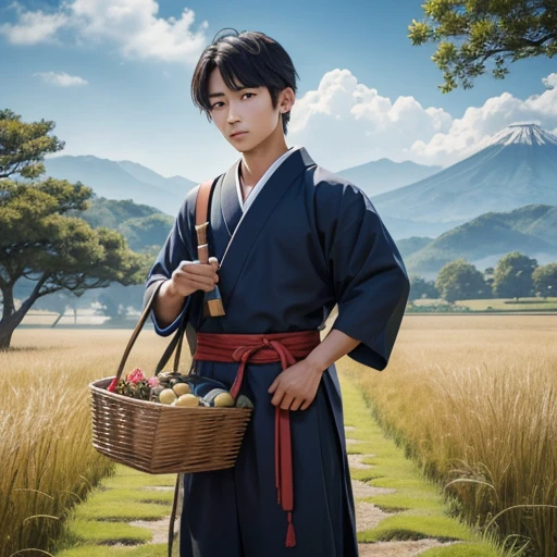  High resolution, Super detailed, masterpiece, highest quality,oriental、boy、boy working in the field、grassland、basket bag、Wearing traditional Japanese costumes、ancient japanese hairstyle、game poster、solo、