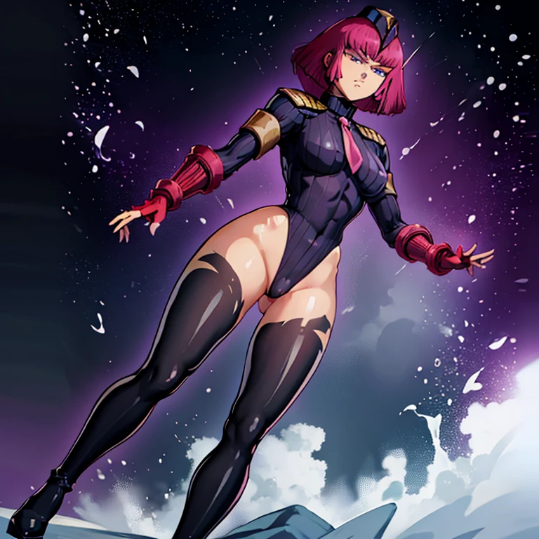 ultra-detailed, Explicit, Beautiful body, Beautiful Nose, Beautiful character design, perfect eyes, perfect face, ultra highres, 4K, beautiful legs, perfect legs, Nice hands, Perfect hand, Masterpiece, Best Quality, Highly detailed, illustration, absurdres, perfect anatomy, street fighter, doll suit, shadaloo doll, dollsuit, expressionless, blank eyes, looking at viewer, red gloves, emotionless, black latex, corrution, mind control, female combatant, full body, hypnotized, unhappy trance, full body suit, ribbed bodysuit, both arms at side, obey, perfect female body, extremely glossy latex, hypnosis, hypnoLora, empty eyes, Mind control device, poses, submissive_pose, Slave, hat, necktie, stand up straight, standing, standing at attention, hat, necktie, belt, latex, ribbed bodysuit, thighhighs, garter belt, Fighting Stance, extending the right arm from the shoulder into the air with a straightened hand, military, thigh boots, 1girl, Solo, pink hair, medium hair, hair ornaments, purple eyes, Haman Karn, Gundam ZZ