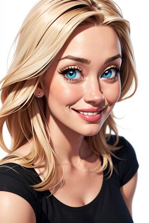 (cartoon style:1.2), Drawings of ([Hilary Duff]), portrait, wearing black t-shirt, short skirts, smile, perfect eyes, detailed face, white background, fun posing, flirty look, Centered, scale to fit the dimensions