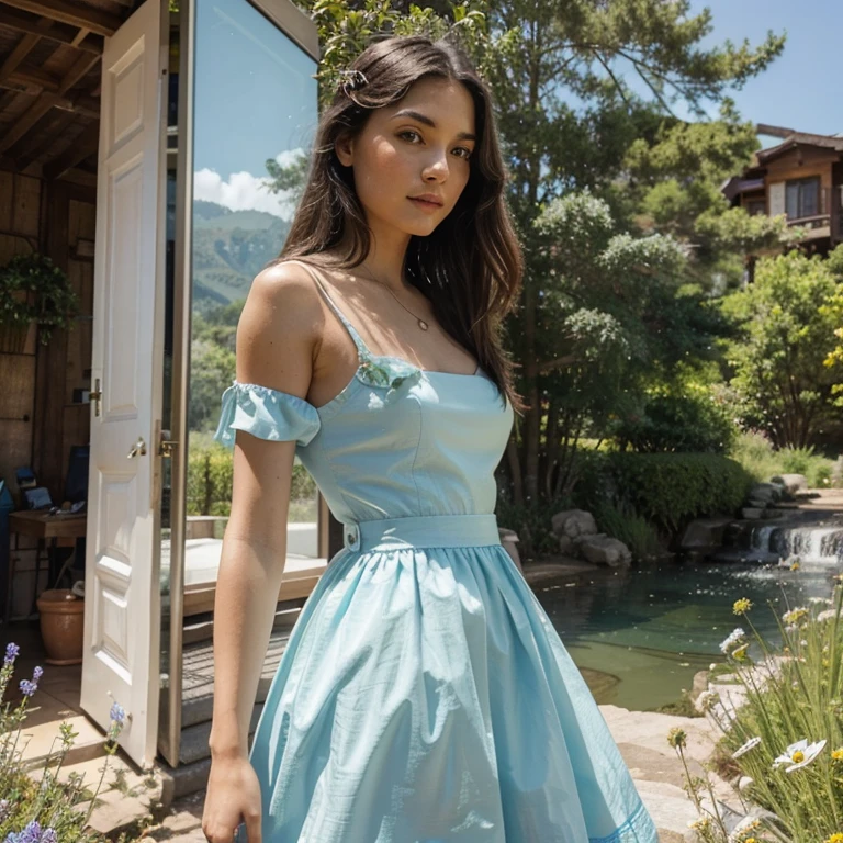 Illustrate a captivating scene of a girl adorned in a beautiful white and blue dress, gazing into a mirror set in a picturesque valley with a serene blue sky. Envision the girl surrounded by the breathtaking beauty of nature – rolling hills, vibrant flowers, and a crystal-clear stream. Infuse the composition with an art style that accentuates the elegance of the dress and the serenity of the valley. Use a color palette dominated by whites, blues, and natural tones. Opt for a composition that harmonizes the reflective moment of the girl with the scenic grandeur. Seek inspiration from artists celebrated for their ability to depict the beauty of nature and fashion on platforms like Behance and Art Station."