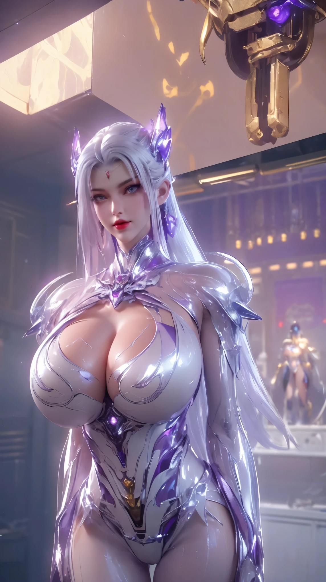 PORTRAIT,UPPER BODY,SOLO,(BEAUTY WHITE HAIRSTYLE,PHOENIX GOLD HELM), (GIGANTIC FAKE BREAST,CLEAVAGE,MUSCLE ABS:1.5), (WEARING PURPLE and WHITE MECHA SHINY FUTURISTIC MECHA SKINTIGHT MINI BIKINI:1.5),(NSFW SLENDER BODY MATURE WOMAN:1.5), (SWEATY GLOSSY BODY:1.5), (LOOKING AT VIEWER:1.3),(HALLROOM OF FUTURISTIC SPACE STATION:1), (PHOTOREALSITIC:1.4), (ULTRA-DETAILLIERT), (TOP-QUALITY), (BEST SHADOWS), (​MASTERPIECE), BRIGHT LIGHT IN ROOM, HYPER TEXTURE, (4X MSAA), ((UNREAL ENGINE 5 RENDER)), PHYSICALLY-BASED RENDERING, ULTRA HIGHT DEFINITION, 16K, 1080P.