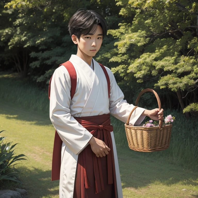 High resolution, Super detailed, masterpiece, highest quality,oriental、boy、boy working in the field、grassland、basket bag、Wearing traditional Japanese costumes、ancient japanese hairstyle、game poster、solo、