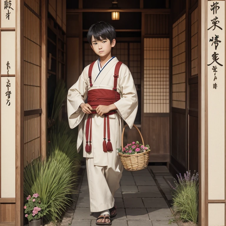 Generate an image of a young Japanese boy named Ikichi, wearing traditional clothing, standing outside a traditional Japanese house with a slightly eerie atmosphere."