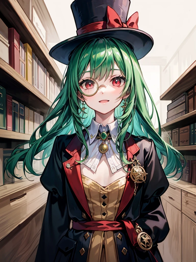 （（（masterpiece、Highest image quality、highest quality、highly detailed unity 8ｋwallpaper）））、（（Illustration of one girl、upper body））、（（（beautiful girl）））、（librarian）、（Emerald green hair、sidelocks：1.2、red eyes）、（（（crazy smile）））、（（（flat chest）））、（monocle）、pocket watch、（（（Black top hat、Black tuxedo）））、great medieval library