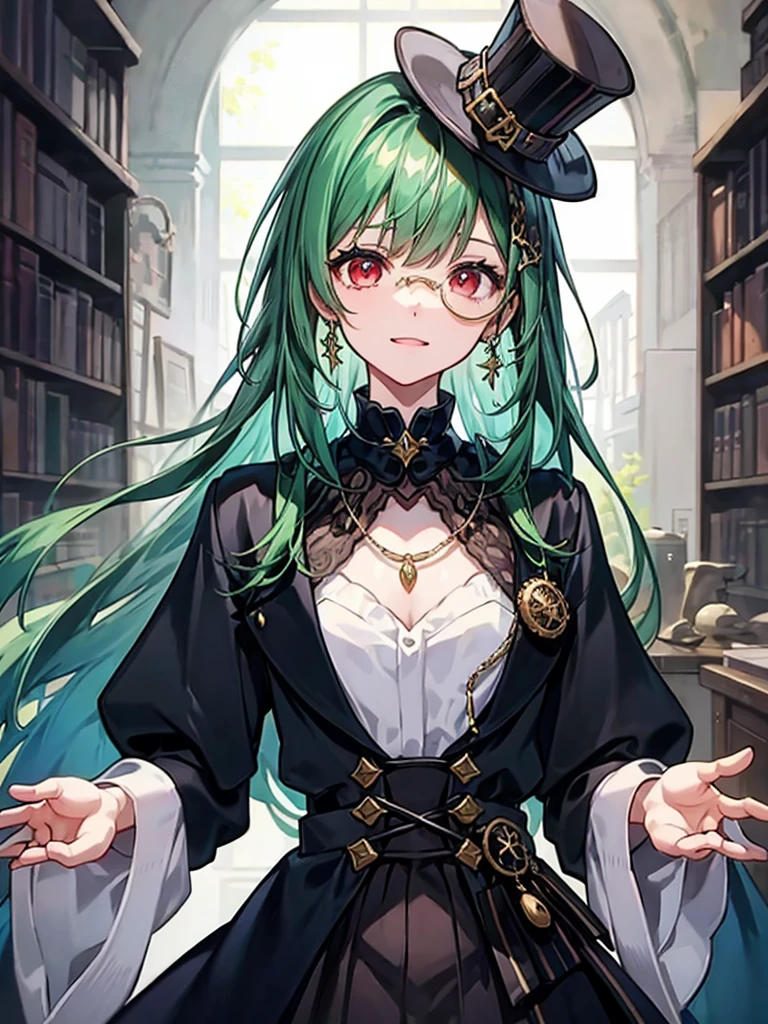 (((masterpiece、Highest image quality、highest quality、highly detailed unity 8kwallpaper)))、((Illustration of one girl、upper body))、(((beautiful girl)))、(librarian)、(Emerald green hair、sidelocks:1.2、red eyes)、(((crazy smile)))、(((flat chest)))、(monocle)、pocket watch、(((Black top hat、Black tuxedo)))、great medieval library