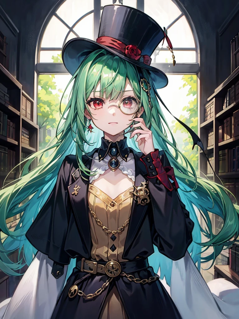 (((masterpiece、Highest image quality、highest quality、highly detailed unity 8kwallpaper)))、((Illustration of one girl、upper body))、(((beautiful girl)))、(librarian)、(Emerald green hair、sidelocks:1.2、red eyes)、(((crazy smile)))、(((flat chest)))、(monocle)、pocket watch、(((Black top hat、Black tuxedo)))、great medieval library