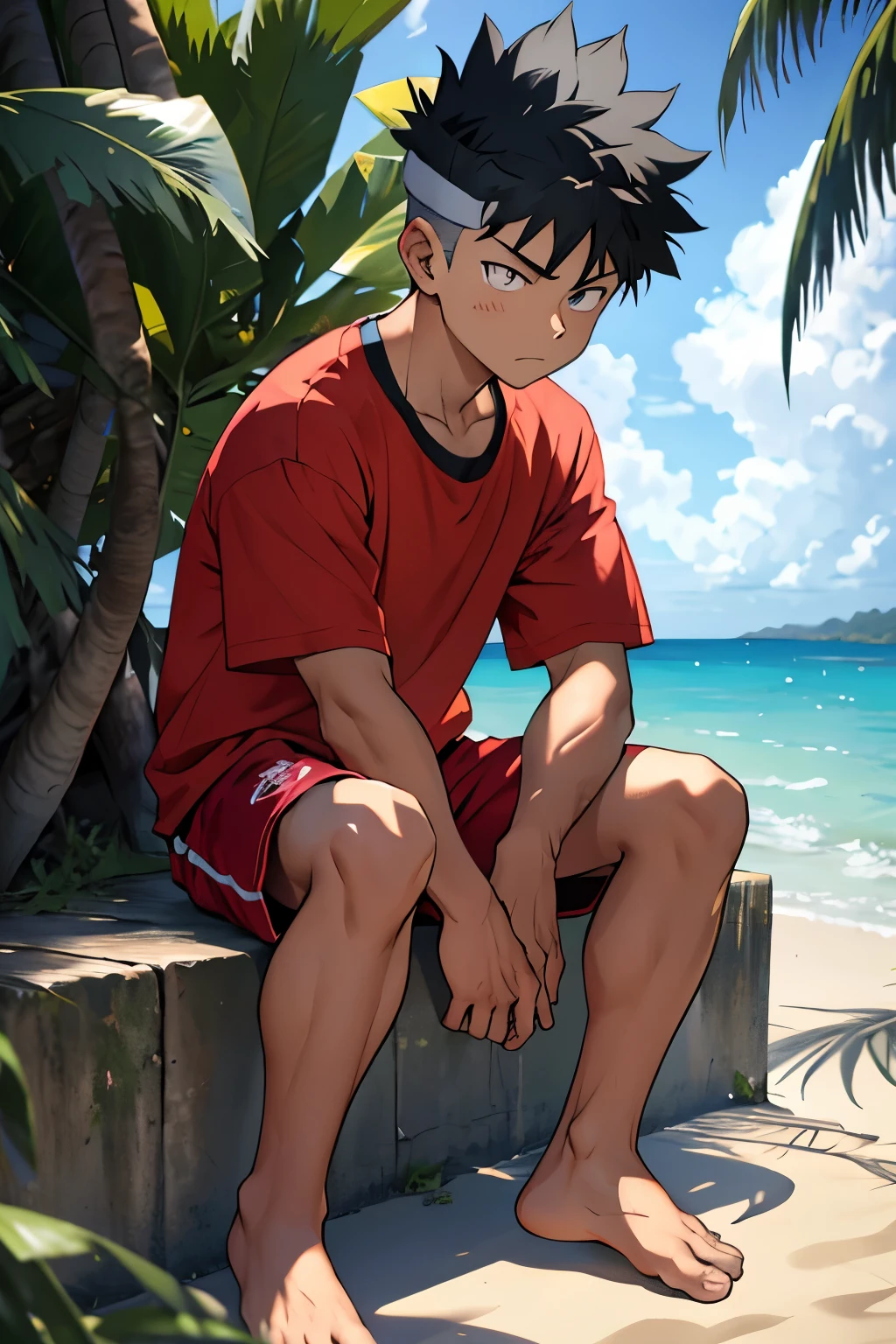 (High-Definition, 4k, 8K, Ultra-HD, Masterpiece: 1.2), Killua from Hunter x Hunter, casual attire, red shorts, bare feet, tanned skin, beach setting, sunny day, palm trees, blue sea in the background, Killua leaning against a palm tree, deep in thought, hand tucked into the pocket of his shorts, distant gaze, contemplative expression.