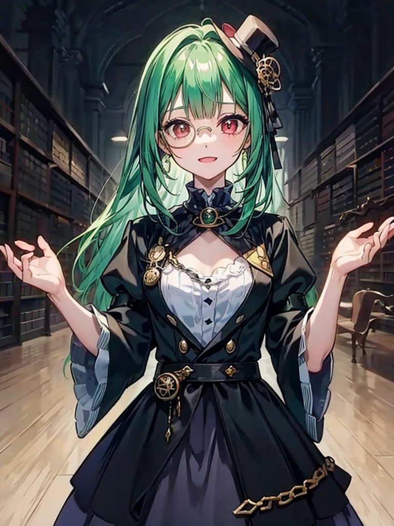 (((masterpiece、Highest image quality、highest quality、highly detailed unity 8kwallpaper)))、((Illustration of one girl、upper body))、(((beautiful girl)))、(librarian)、(Emerald green hair、sidelocks:1.2、red eyes)、(((crazy smile)))、(((flat chest)))、(monocle)、pocket watch、(((Black top hat、Black tuxedo)))、great medieval library
