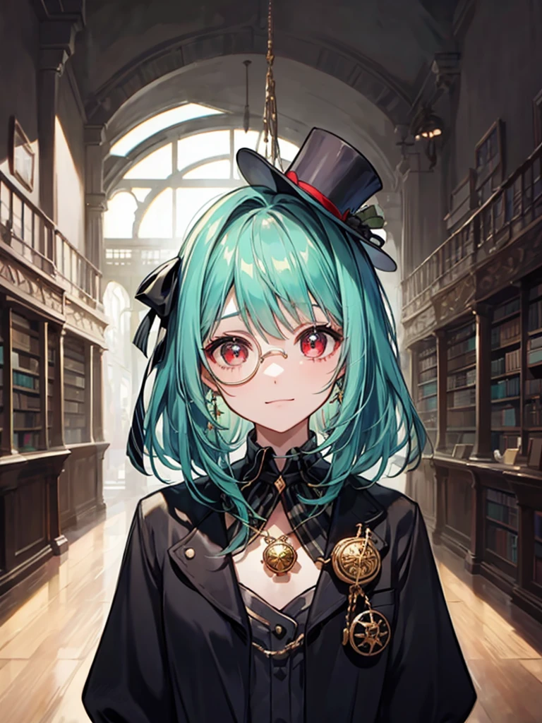 (((masterpiece、Highest image quality、highest quality、highly detailed unity 8kwallpaper)))、((Illustration of one girl、upper body))、(((beautiful girl)))、(librarian)、(Emerald green hair、sidelocks:1.2、red eyes)、(((crazy smile)))、(((flat chest)))、(monocle)、pocket watch、(((Black top hat、Black tuxedo)))、great medieval library
