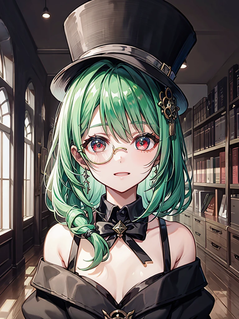(((masterpiece、Highest image quality、highest quality、highly detailed unity 8kwallpaper)))、((Illustration of one girl、upper body))、(((beautiful girl)))、(librarian)、(Emerald green hair、sidelocks:1.2、red eyes)、(((crazy smile)))、(((flat chest)))、(monocle)、pocket watch、(((Black top hat、Black tuxedo)))、great medieval library
