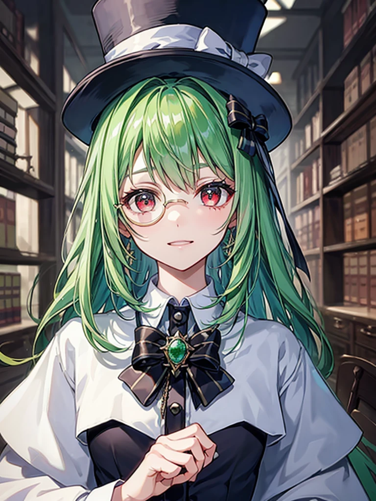 （（（masterpiece、Highest image quality、highest quality、highly detailed unity 8ｋwallpaper）））、（（Illustration of one girl、upper body））、（（（beautiful girl）））、（librarian）、（Emerald green hair、sidelocks：1.2、red eyes）、（（（crazy smile）））、（（（flat chest）））、（monocle）、pocket watch、（（（Black top hat、Black tuxedo）））、great medieval library