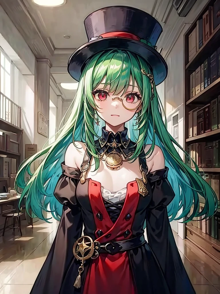 （（（masterpiece、Highest image quality、highest quality、highly detailed unity 8ｋwallpaper）））、（（Illustration of one girl、upper body））、（（（beautiful girl）））、（librarian）、（Emerald green hair、sidelocks：1.2、red eyes）、（（（crazy smile）））、（（（flat chest）））、（monocle）、pocket watch、（（（Black top hat、Black tuxedo）））、great medieval library