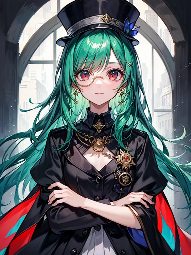 (((masterpiece、Highest image quality、highest quality、highly detailed unity 8kwallpaper)))、((Illustration of one girl、upper body))、(((beautiful girl)))、(librarian)、(Emerald green hair、sidelocks:1.2、red eyes)、(((crazy smile)))、(((flat chest)))、(monocle)、pocket watch、(((Black top hat、Black tuxedo)))、great medieval library