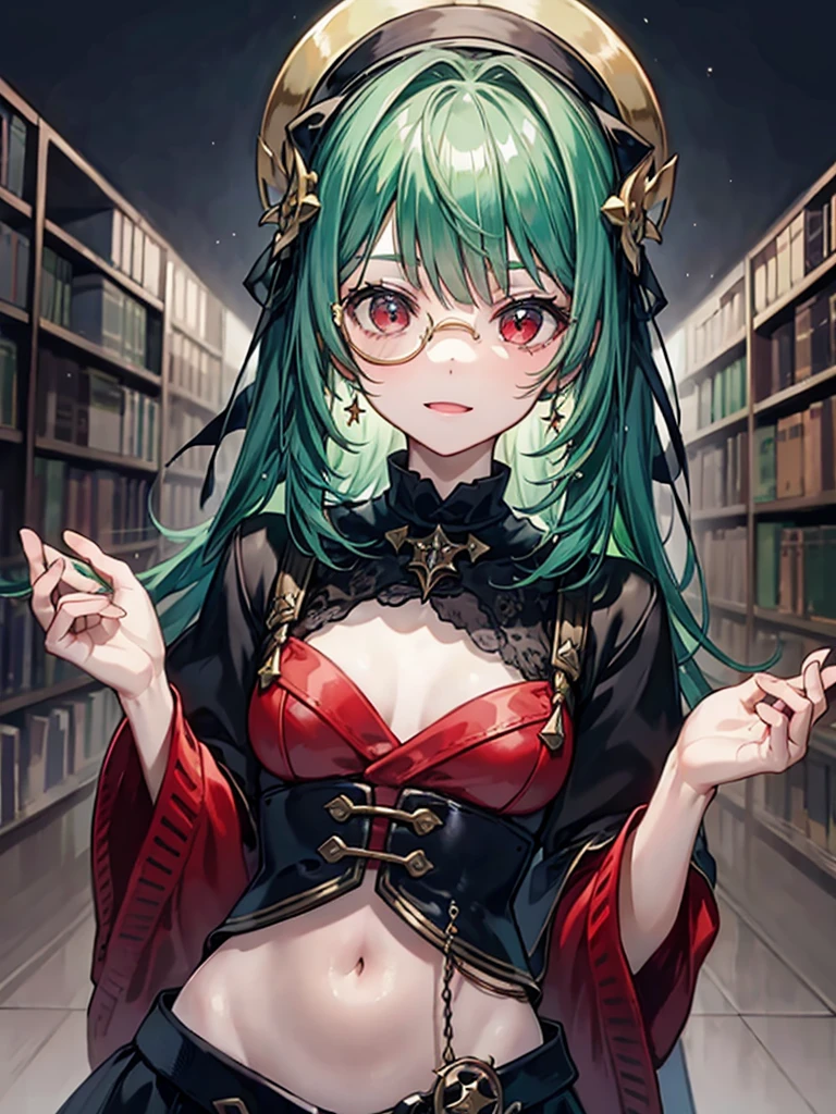 (((masterpiece、Highest image quality、highest quality、highly detailed unity 8kwallpaper)))、((Illustration of one girl、upper body))、(((beautiful girl)))、(librarian)、(Emerald green hair、sidelocks:1.2、red eyes)、(((crazy smile)))、(((flat chest)))、(monocle)、pocket watch、(((Black top hat、Black tuxedo)))、great medieval library
