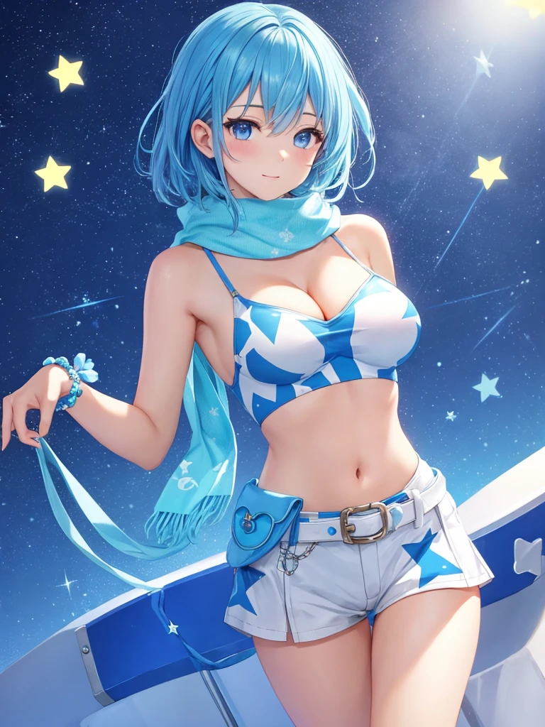 masterpiece, best quality, ultra detailed,realistic,re zero, blue hair, short hair,((large breasts)), (light-blue theme),(sexy
cowgirl costume),(sleeveless
(light-blue crop top) with (many smal
star-symbol print)),(plunking
neckline)、((bare shoulders, bare
arms)),(collarbone, emphasize
cleavage)),(light-blue leather micro
shorts with (many small star-symbol
pattern)),(light-blue Scarf)
BREAK (white theme),(white ten
gallon hat),(white (cowboy boots.
western boots)),(white belt).
(wristband)、
BREAK (yellow theme),(yellow
star-symbol print),(yellow star
pattern)