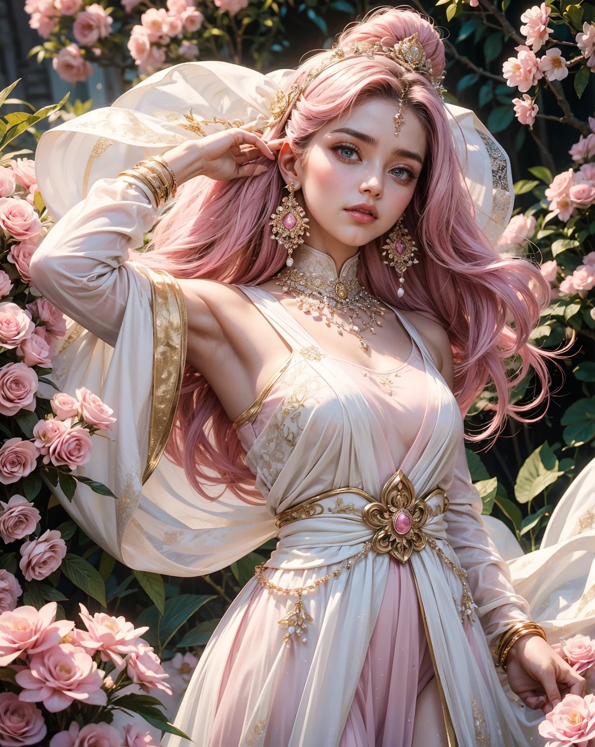 (1girl:1.3), extremely detailed,(colorful:1.1)(flowers:1.3),highest detailed, (dynamic pose), (shiny skin), ,(earrings:1.4), slim girl, masterpiece,studio ghibli style,highly intricate,highly detailed,photorealism style (background: pink and white color scheme, pink and white colour scheme, silver and pink color schemes, white and pink color scheme, cream and pink color scheme, pink and white color scheme, pink flowers accents, cyan and gold scheme, white and gold color scheme) a woman in a white and gold outfit, of indian princess, ellora, maya ali sorcerer, shakti, maya ali sorceress, beautiful costume, silver ornaments, wearing an ornate outfit, golden and silver jewerly, female dancer, white royal dress, hindu